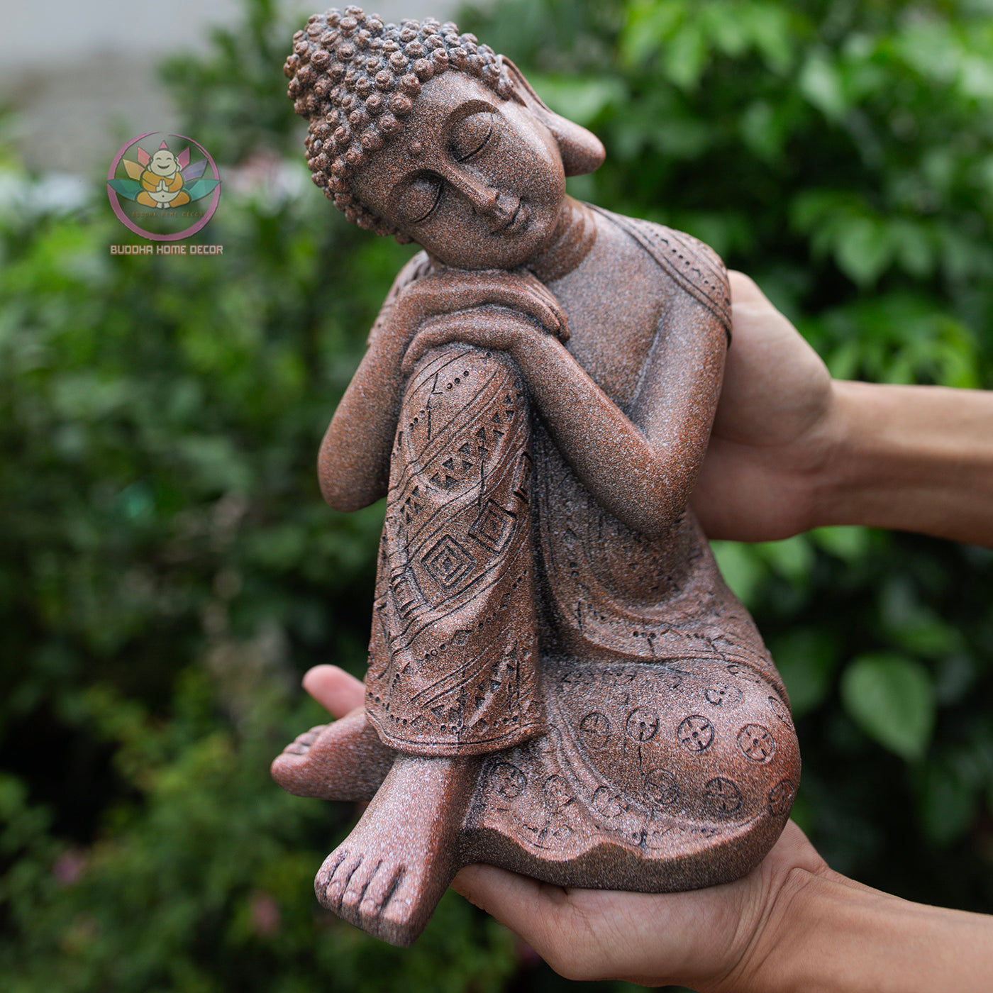 Resting Buddha Statue 9.8" – Red Stone Finish Sleeping Buddha for Home & Garden Decor
