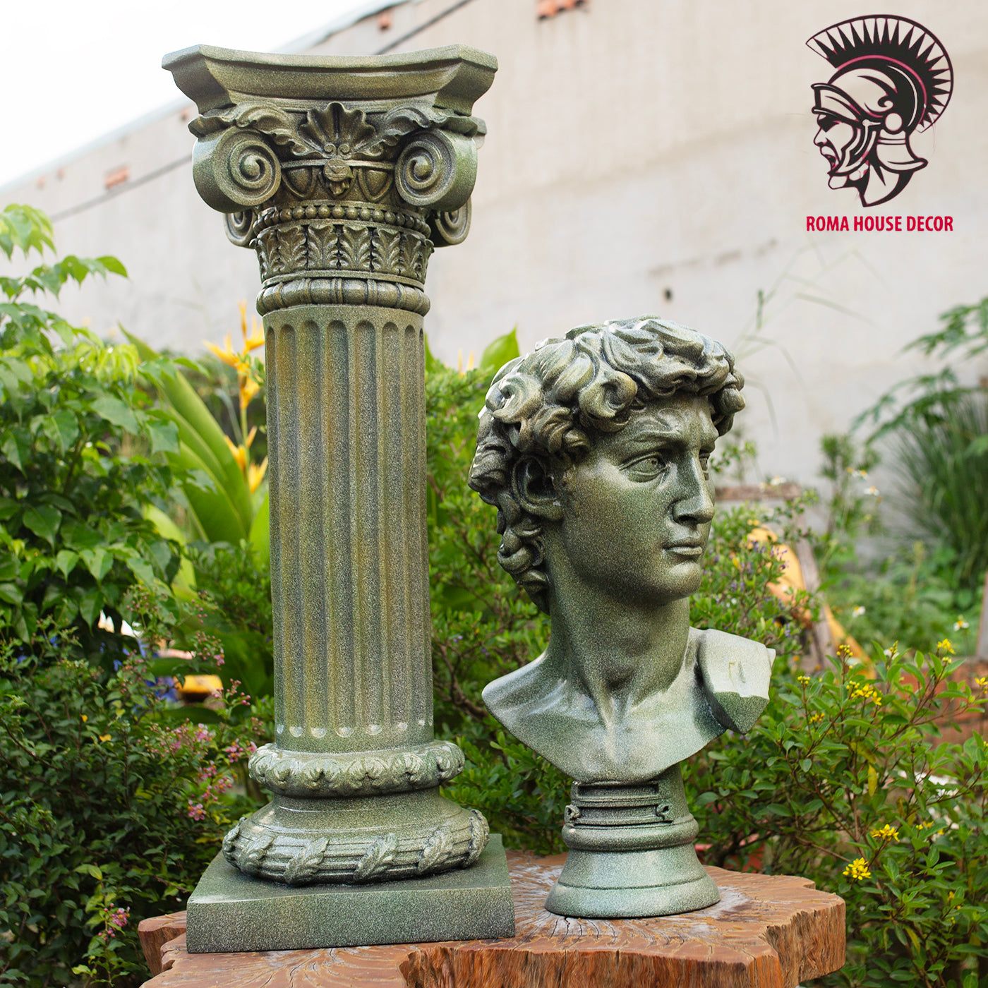 Greek David Bust with Corinthian Column – Classic Roman Style Decor Set, Green Stone Finish (21.6" & 30.7")