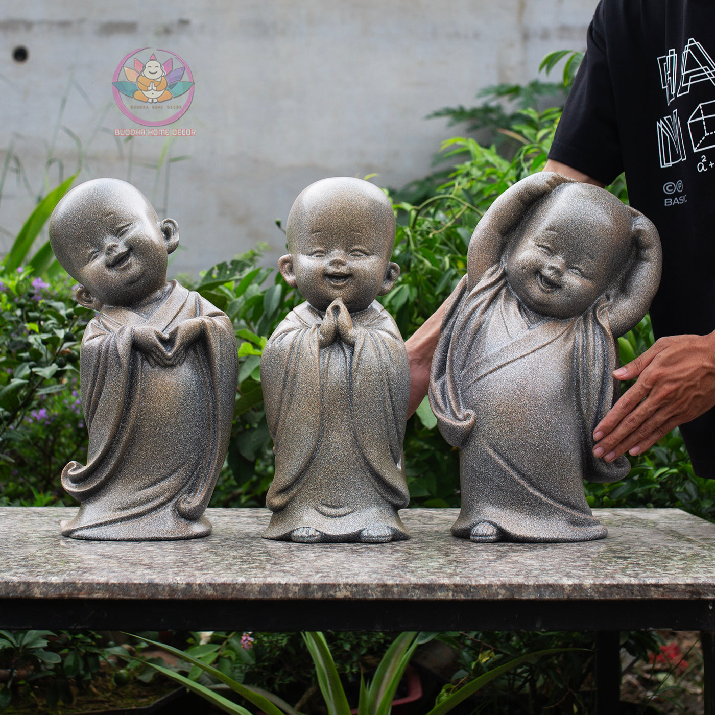 Happy Little Monk Statue Set 15.7" | Composite Resin and Stone Powder | Antique Stone Finish | Zen Monk Figurines for Home and Garden Decor