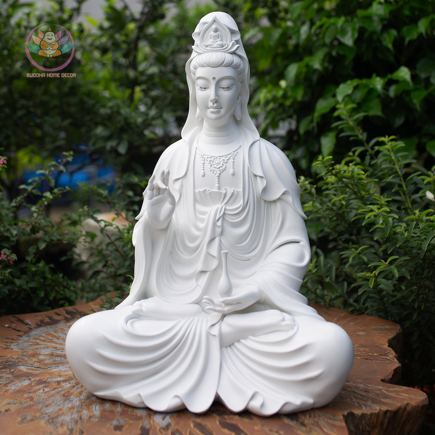 Seated Quan Yin Statue 18.5" | Composite Resin and Stone Powder | White Finish Guan Yin Bodhisattva