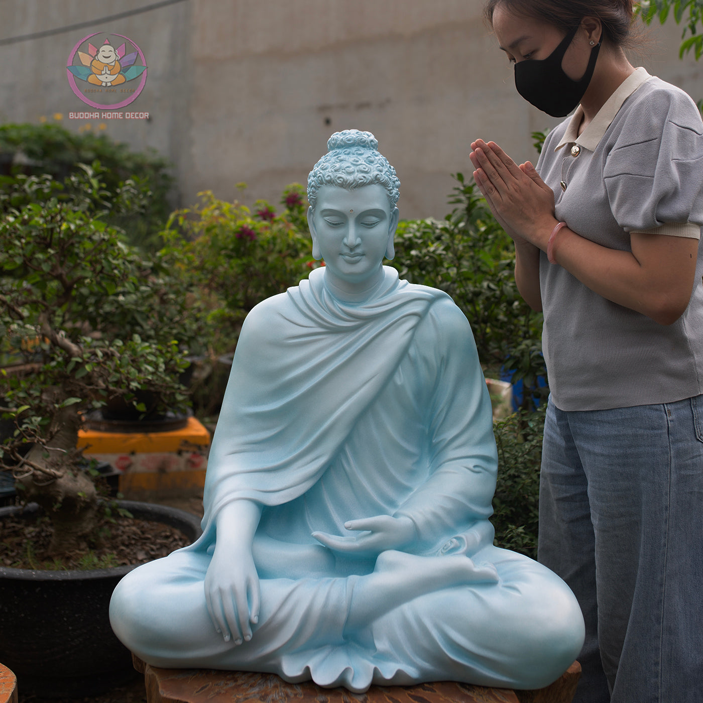 Shakyamuni Buddha Statue 29.5" – Large Resin & Stone Powder Buddha in Stone Grey or Light Teal Finish