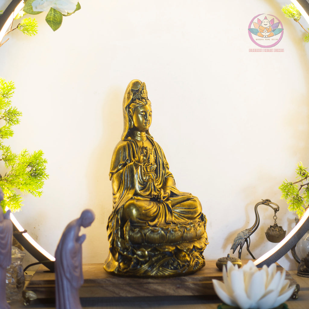Gray Guanyin Statue 11.8” | Kuan Yin Goddess of Mercy Figurine | Resin Sculpture for Altar, Zen Home, Meditation, Spiritual Gift