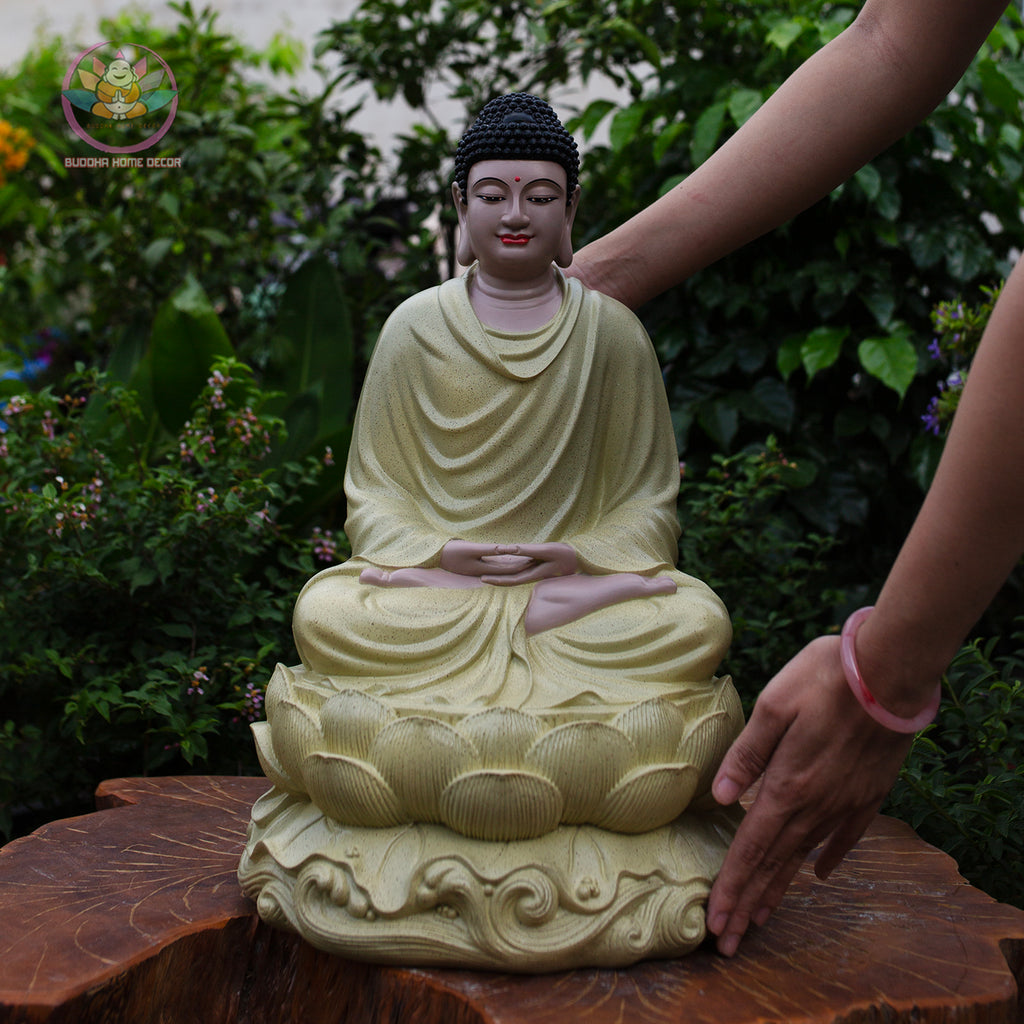 Shakyamuni Buddha Statue on Lotus – 18.9" (48cm) Cream Yellow Resin | Meditation Pose | Handcrafted Vietnamese Buddhist Decor
