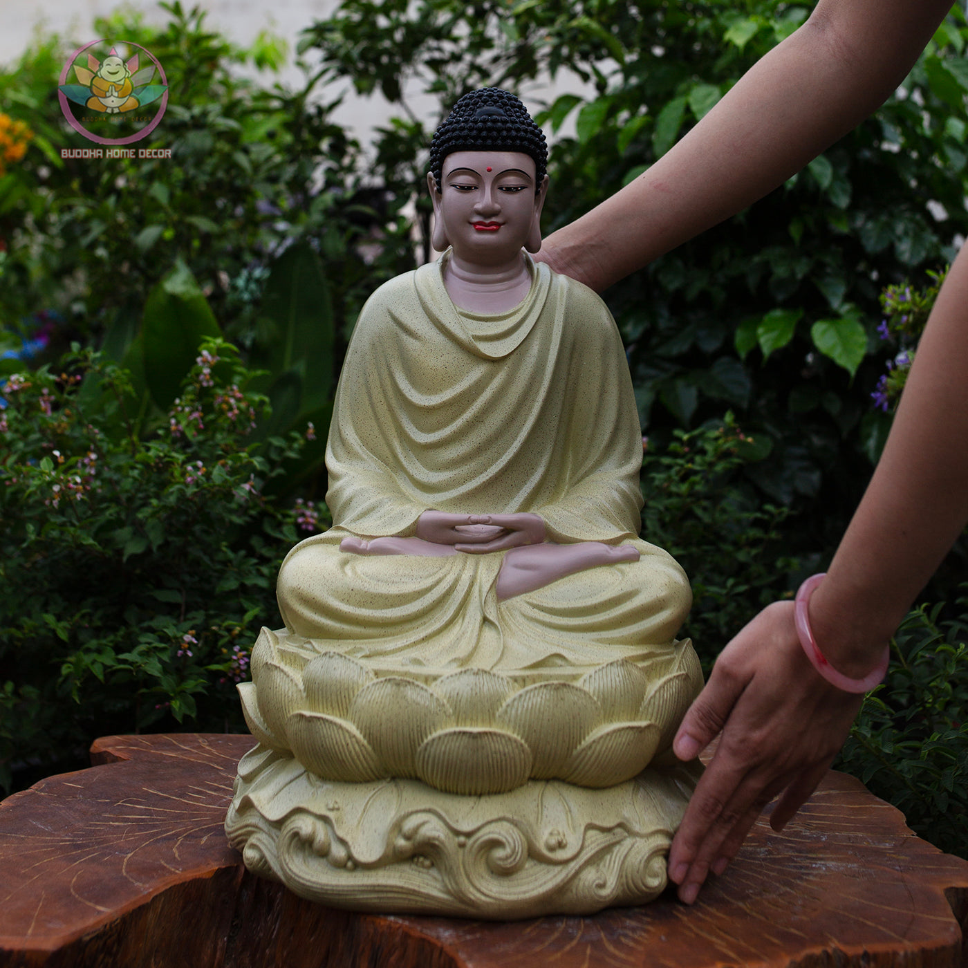 Shakyamuni Buddha Statue on Lotus – 18.9" (48cm) Cream Yellow Resin | Meditation Pose | Handcrafted Vietnamese Buddhist Decor