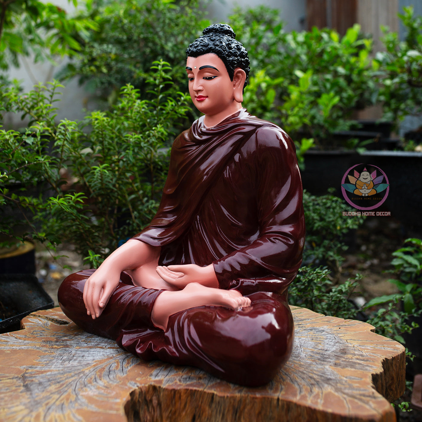 Shakyamuni Buddha Statue 19.7" | Composite Resin and Stone Powder | Glossy Ceramic Brown Finish