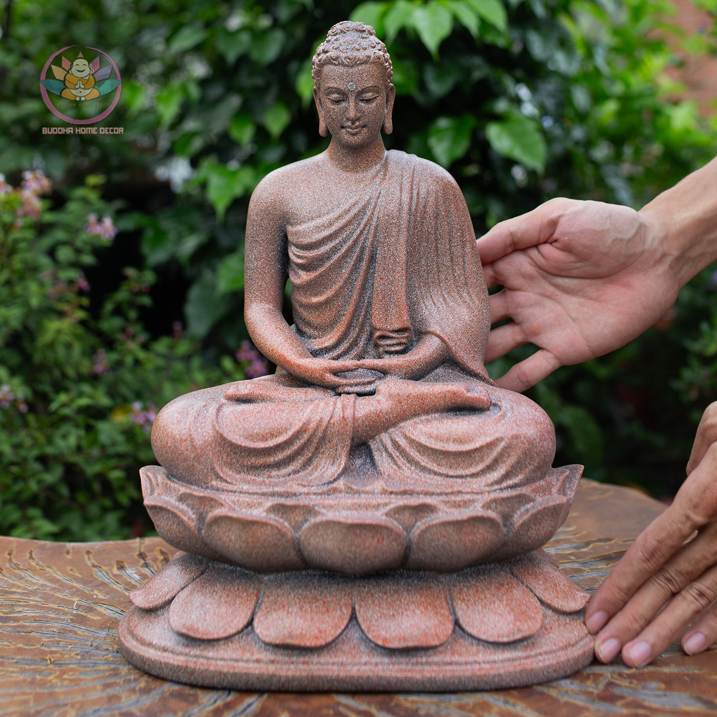 Shakyamuni Buddha Statue 12.6" – Antique Stone Finish Seated Buddha on Lotus Pedestal