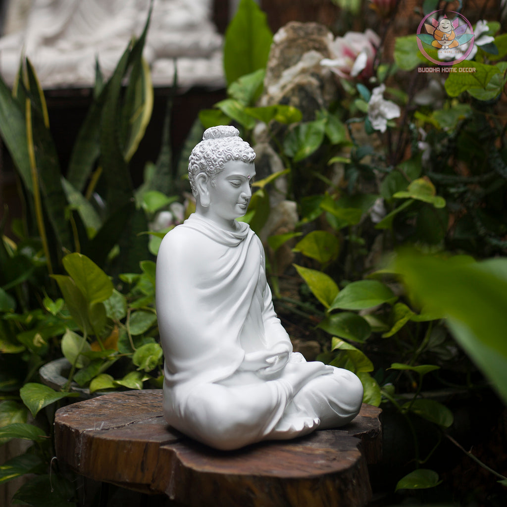 White Shakyamuni Buddha Statue – 13.7" Resin Sculpture | Minimalist Zen Decor for Altar, Meditation & Spiritual Gift