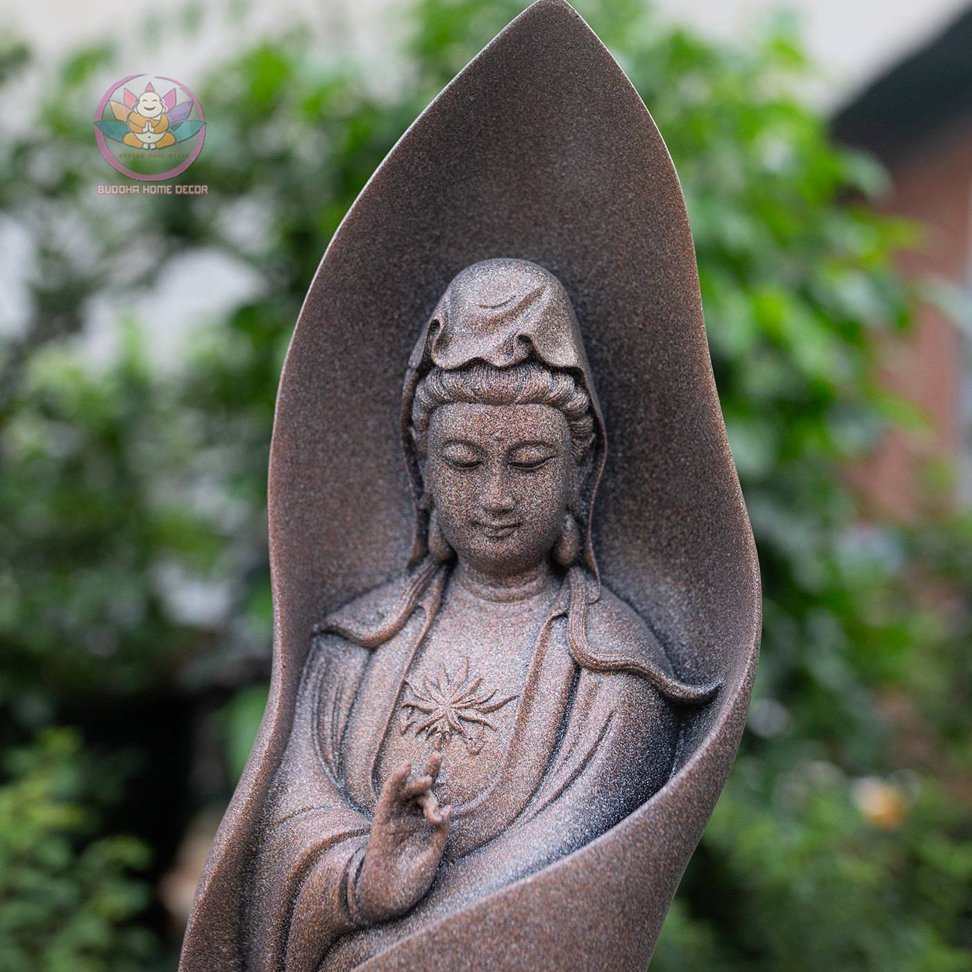Guanyin Bodhisattva Statue 18.9" – Lotus Leaf Design Kwan Yin in Antique Stone Finish