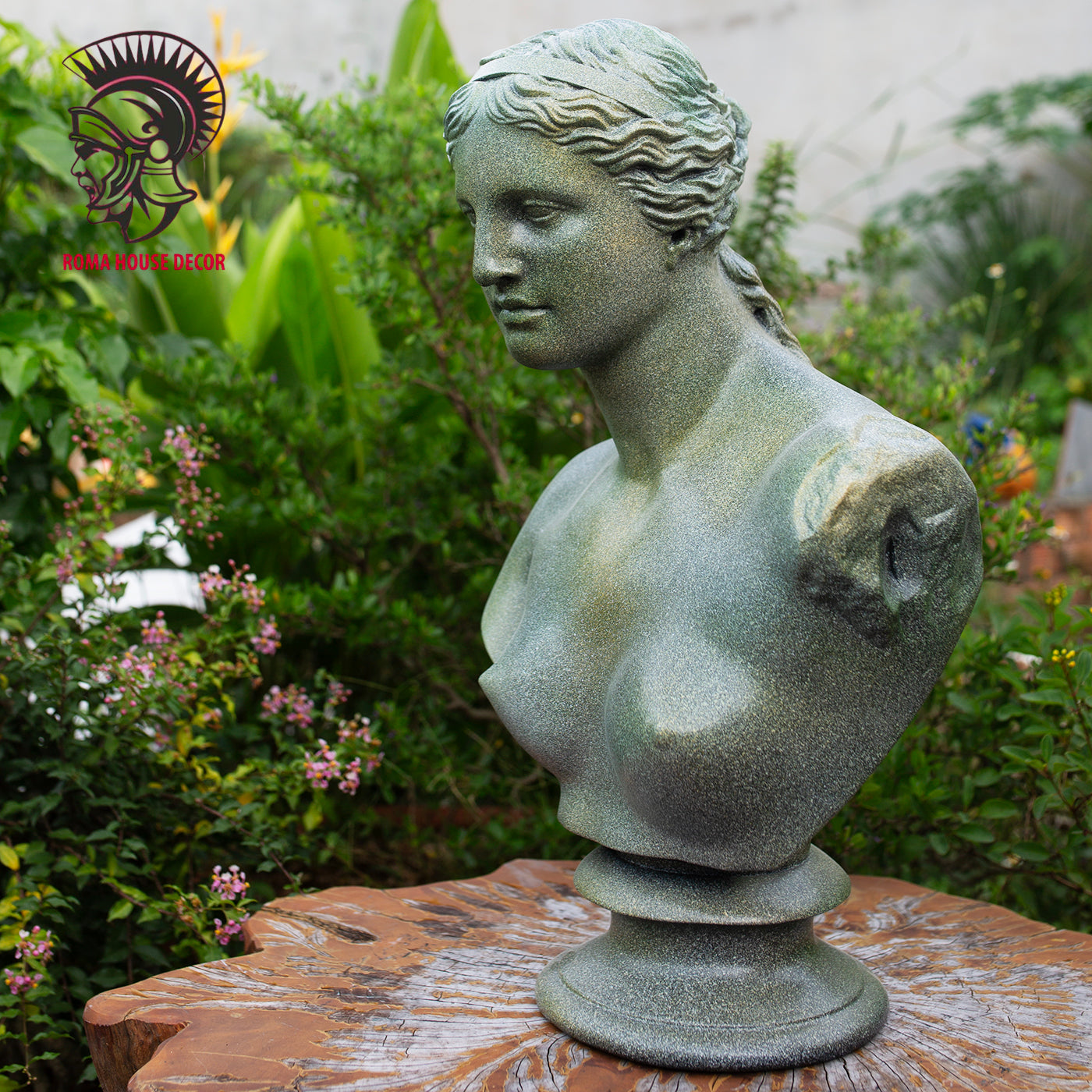 Venus de Milo Bust with Corinthian Column – Greek Goddess Sculpture Set, Green Stone Finish (20.8" & 30.7")