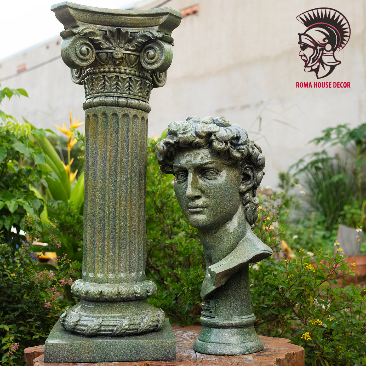 Greek David Bust with Corinthian Column – Classic Roman Style Decor Set, Green Stone Finish (21.6" & 30.7")