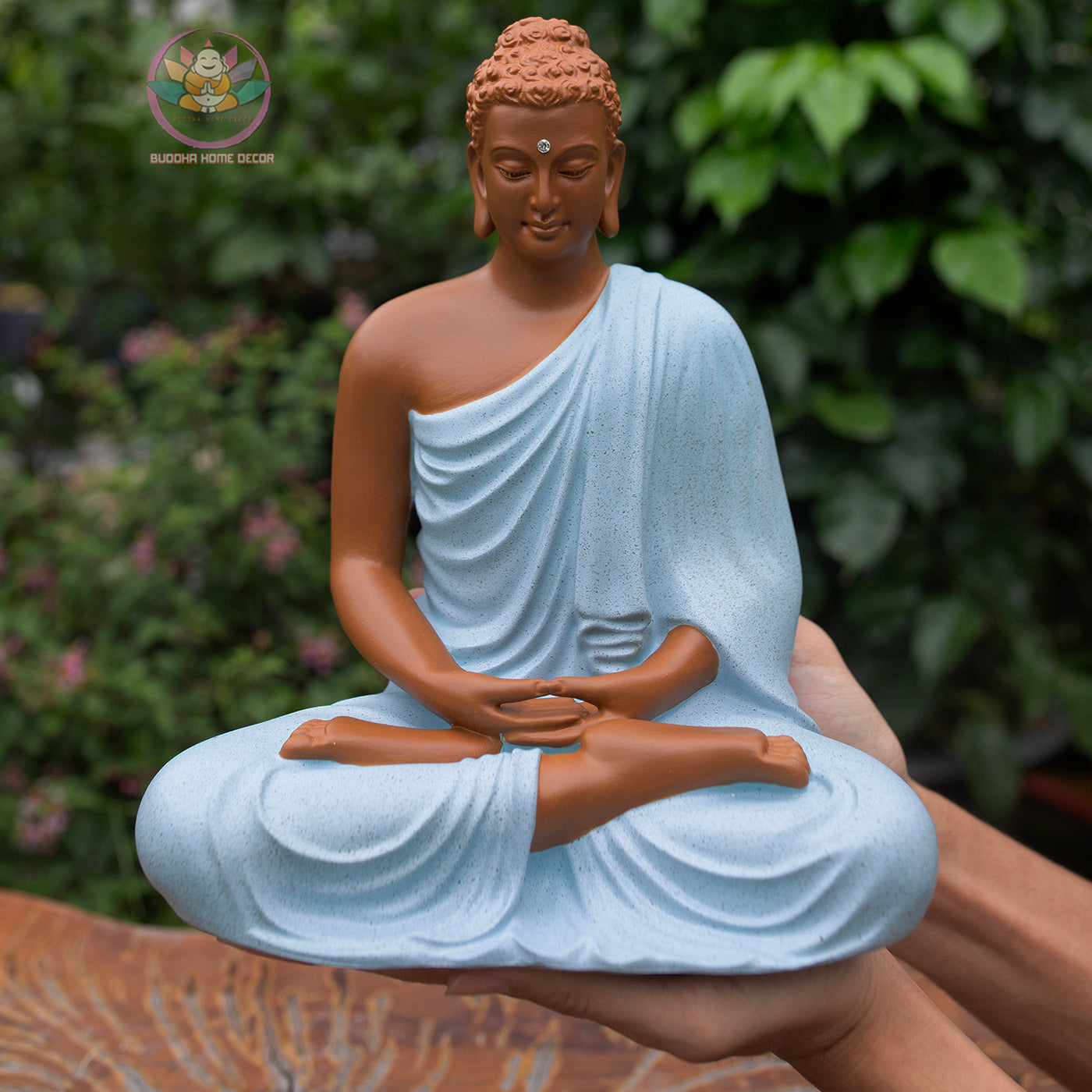 Shakyamuni Buddha Statue 9.4" – Composite Seated Buddha with Blue Robe, Zen Buddhist Altar Home Decor Figurine