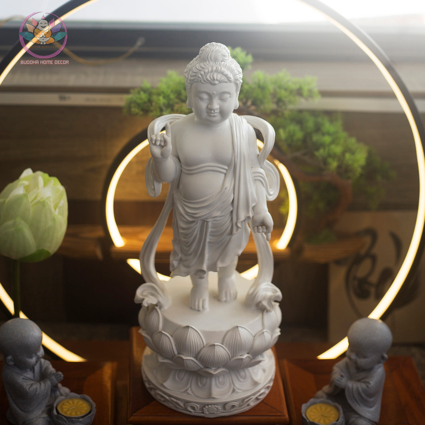 Baby Buddha Birth Statue – 15.7" Standing on Lotus | Resin Shakyamuni Nativity Sculpture | Vietnamese Buddhist Art