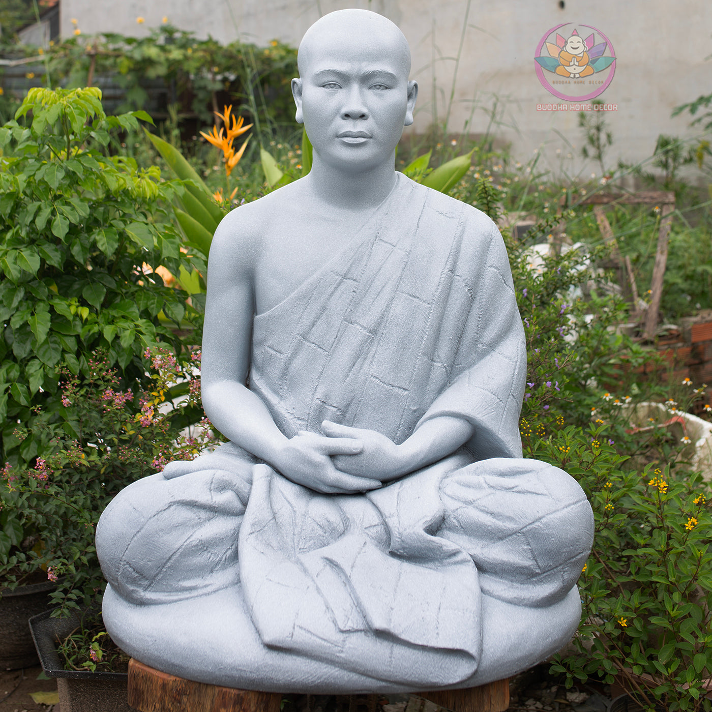 Thich Minh Quang Monk Statue 36" | Composite Resin and Stone Powder | Grey Stone Finish | Seated Meditation Monk Sculpture