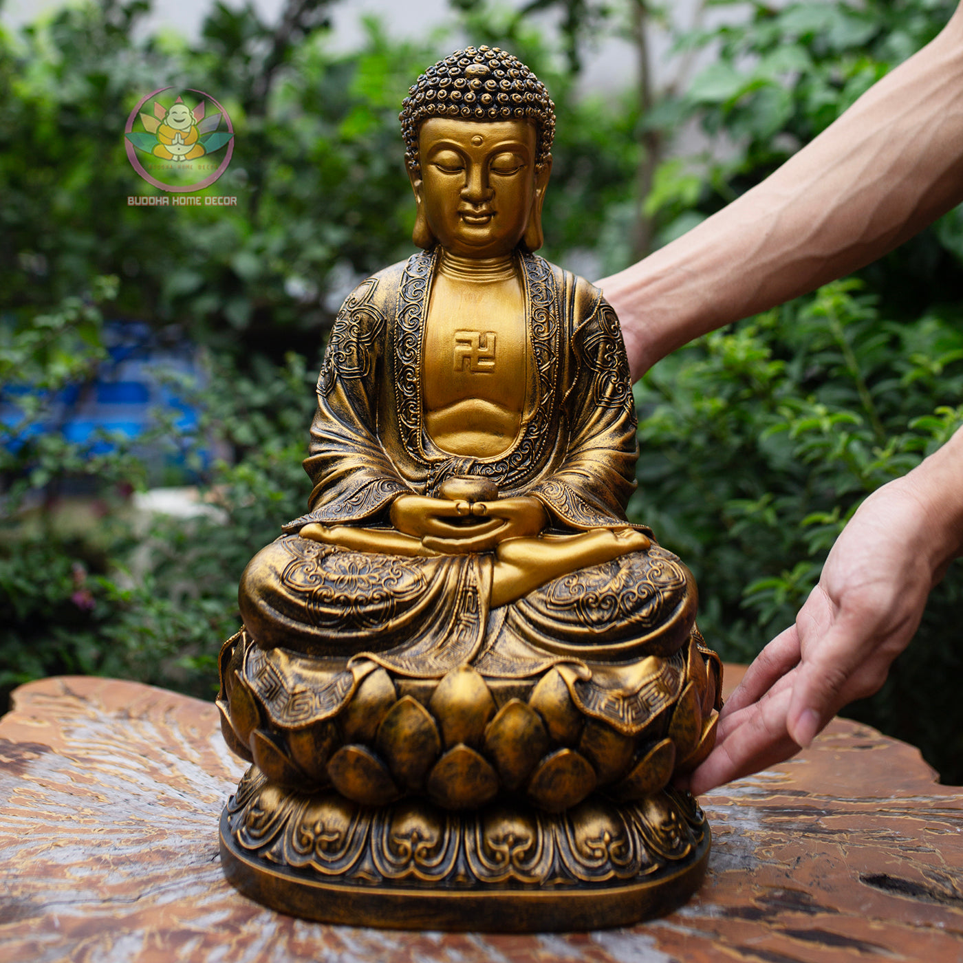 Golden Amitabha Buddha Statue – 14.9" Resin & Stone Sculpture | Meditating Buddha on Lotus Base