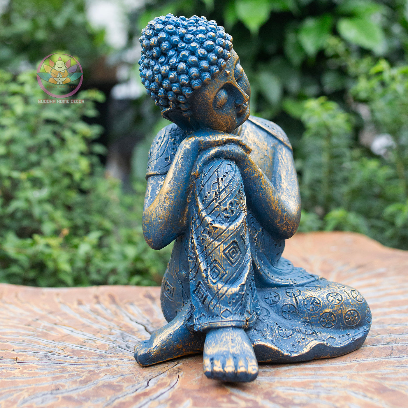 Resting Buddha Statue 9.4" – Blue Gold Finish Peaceful Sleeping Buddha Sculpture