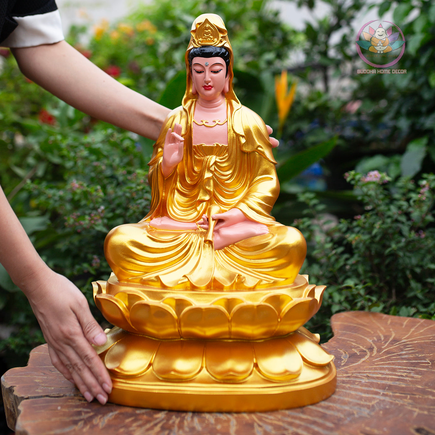 Golden Quan Yin Statue – Large Guanyin Goddess of Mercy on Lotus, Buddhist Altar & Meditation Room Decor (17.7”H x 12.2”W x 9.4”D)