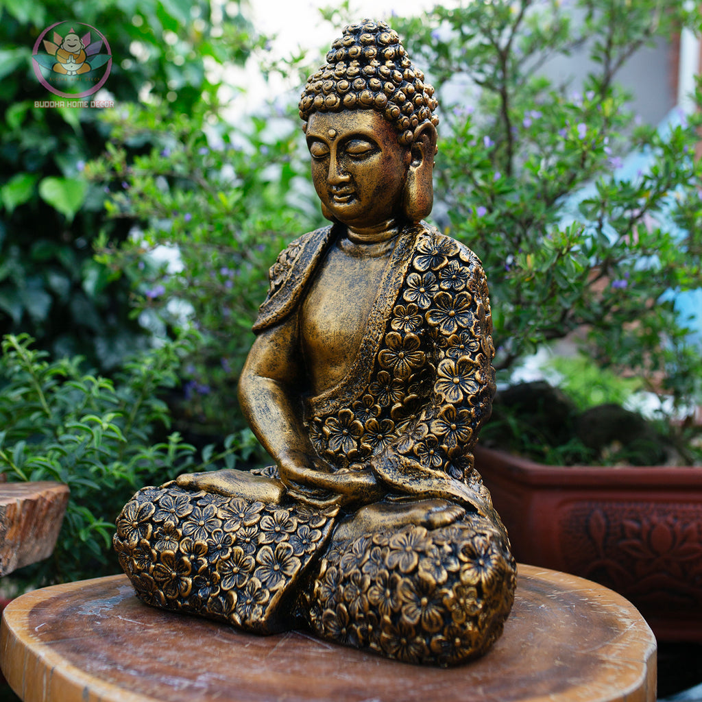 Gold Floral Buddha Statue – 27.6" & 16.9" Resin Meditating Buddha Figurine – Zen Home Altar, Garden, Spiritual Decor Gift