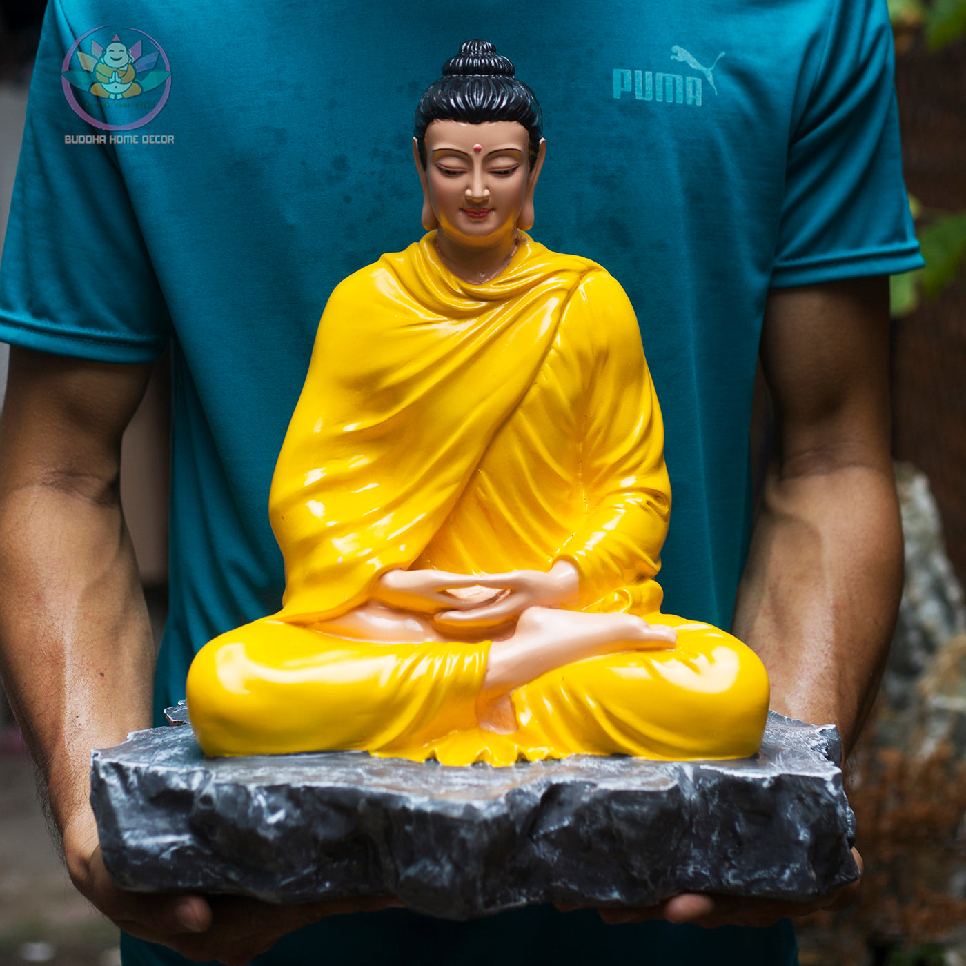 Shakyamuni Buddha Statue – 15.7" (40cm) in Burgundy Robe on Stone Base | Resin Meditation Sculpture | Handcrafted Vietnamese Decor