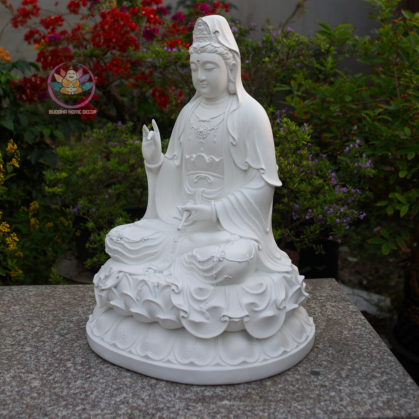 Large White Guanyin Bodhisattva Statue – Handmade Lotus Meditation Decor