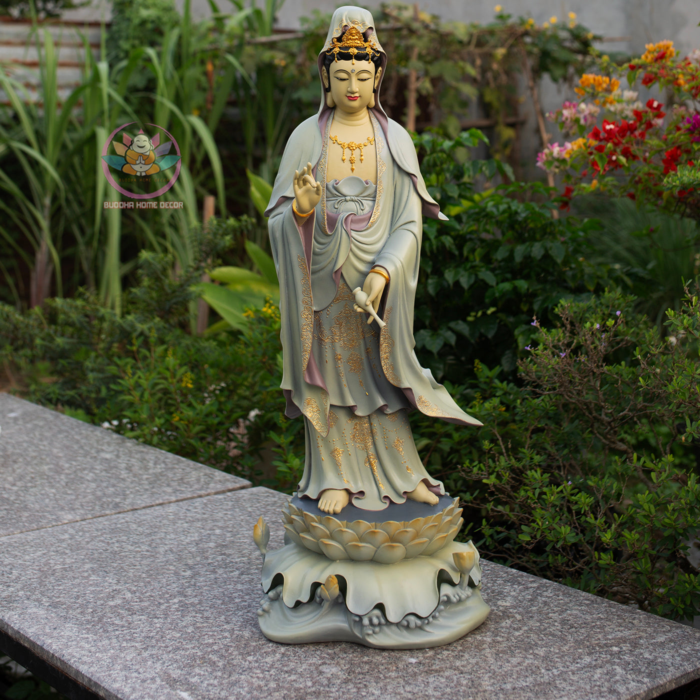 Standing Guanyin Statue – 35.4" (90cm) Bodhisattva on Cloud Base | Hand-Painted Resin Sculpture | Vintage Buddhist Decor from Vietnam