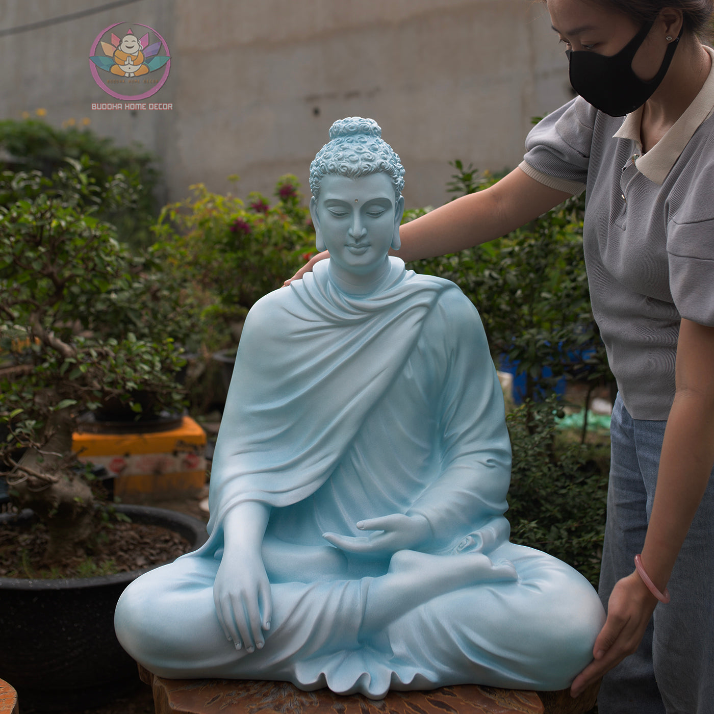 Shakyamuni Buddha Statue 29.5" – Large Resin & Stone Powder Buddha in Stone Grey or Light Teal Finish