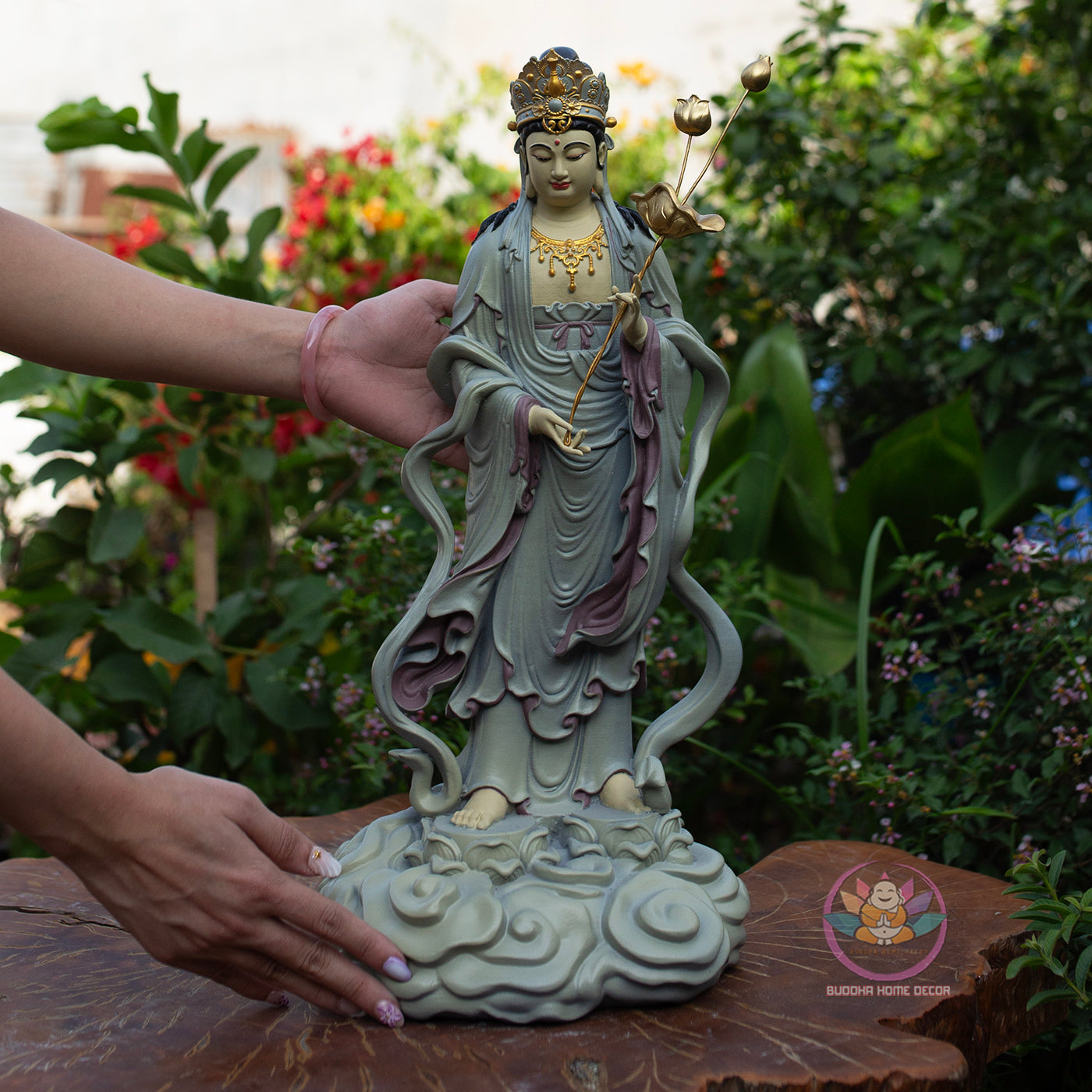 Seishi Bodhisattva Statue – 19.7" (50cm) Standing Mahasthamaprapta with Lotus Staff | Hand-Painted Resin Sculpture | Buddhist Altar Decor