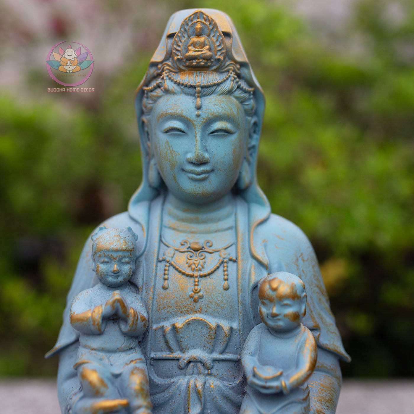 Quan Yin with Children Statue 11.8" | Composite Resin and Stone Powder | Blue Finish Guanyin Bodhisattva