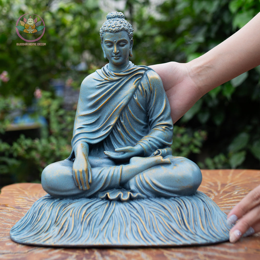 Shakyamuni Buddha Statue 11.8" – Antique Bronze Blue Resin Meditation Sculpture, Seated Buddhist Figurine, Zen Home Altar Spiritual Decor