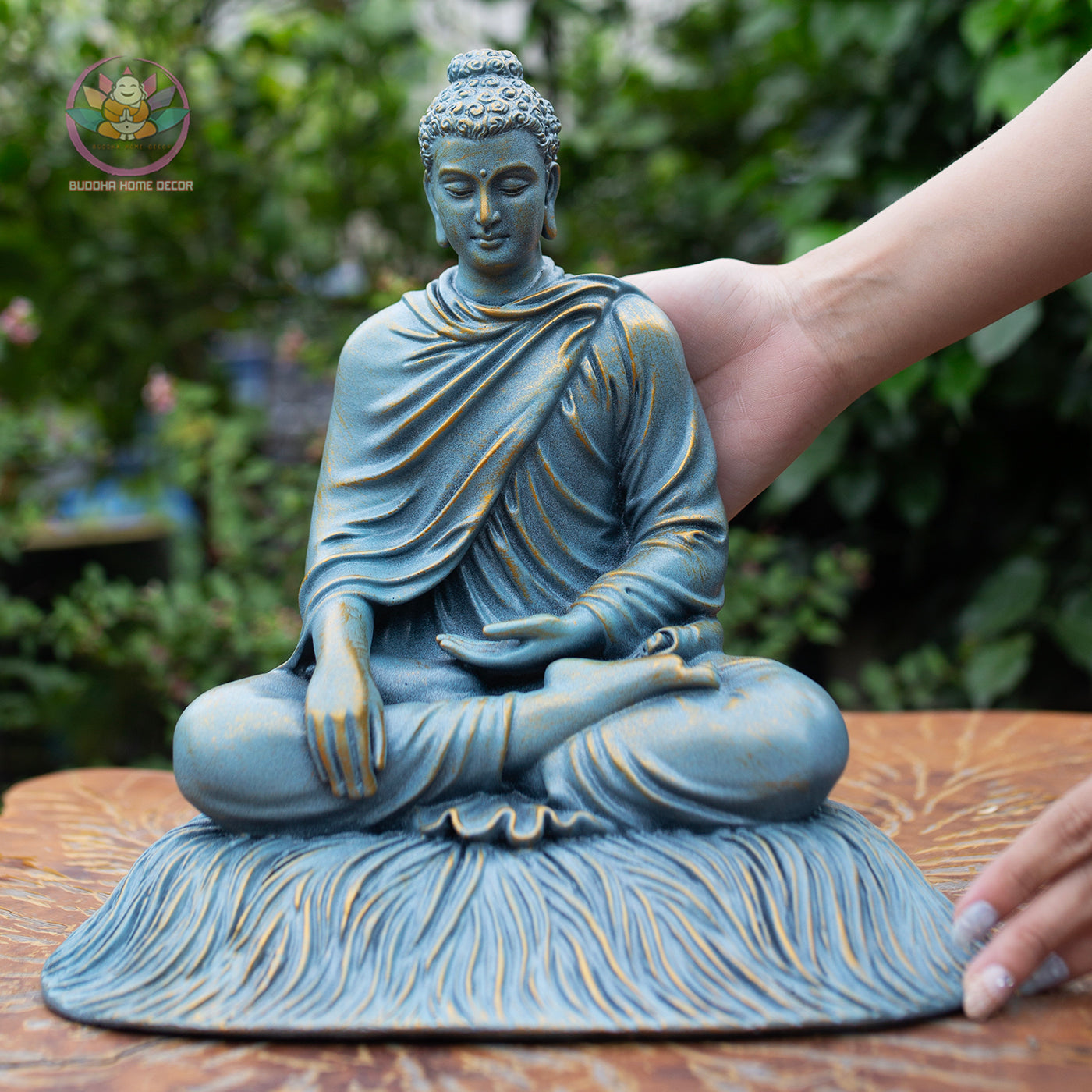 Shakyamuni Buddha Statue 11.8" – Antique Bronze Blue Resin Meditation Sculpture, Seated Buddhist Figurine, Zen Home Altar Spiritual Decor