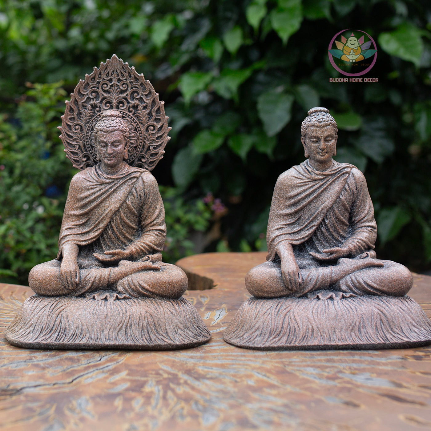 Shakyamuni Buddha Statue 8.7" – Antique Stone Finish Buddha with Halo Backdrop