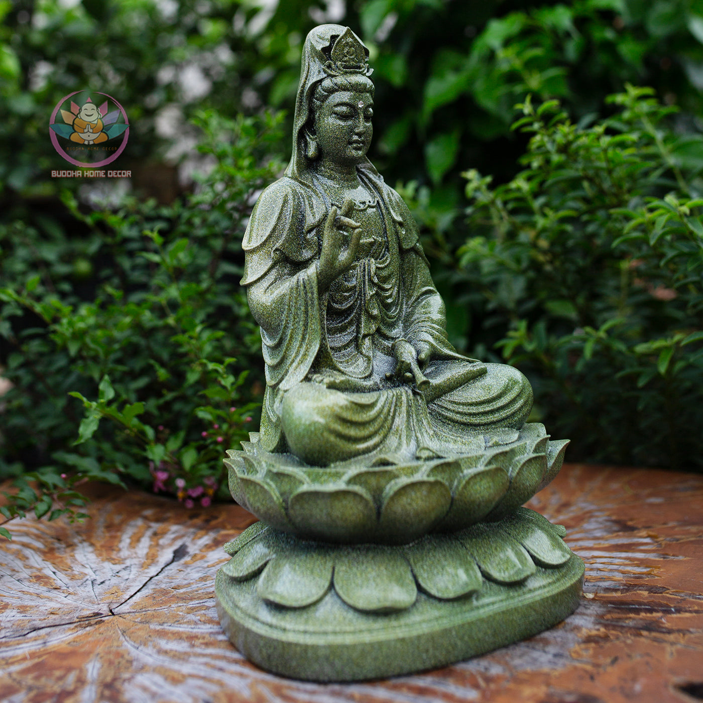 Quan Yin Bodhisattva Statue 11.8" | Green Stone Finish | Seated Guanyin on Lotus Pedestal