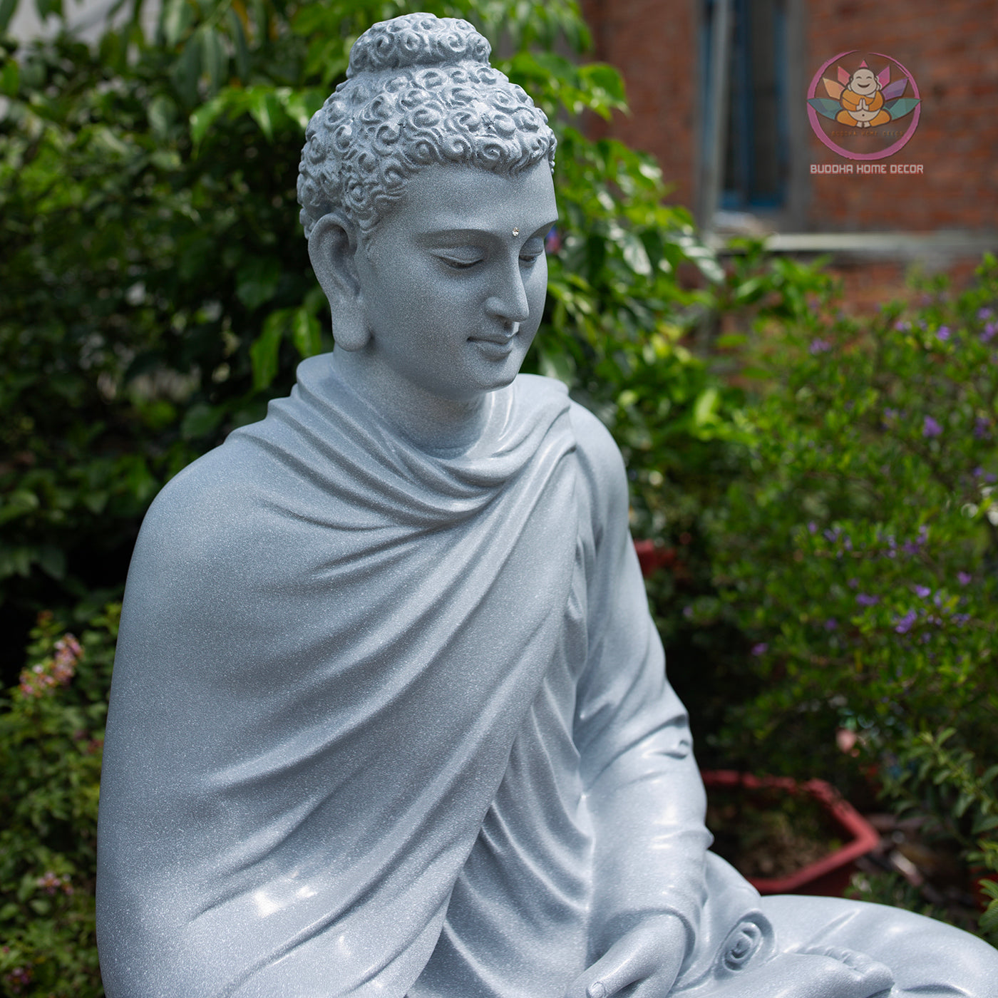 Shakyamuni Buddha Statue – Large Grey Stone Finish Seated Buddha Meditation Sculpture 29.5"