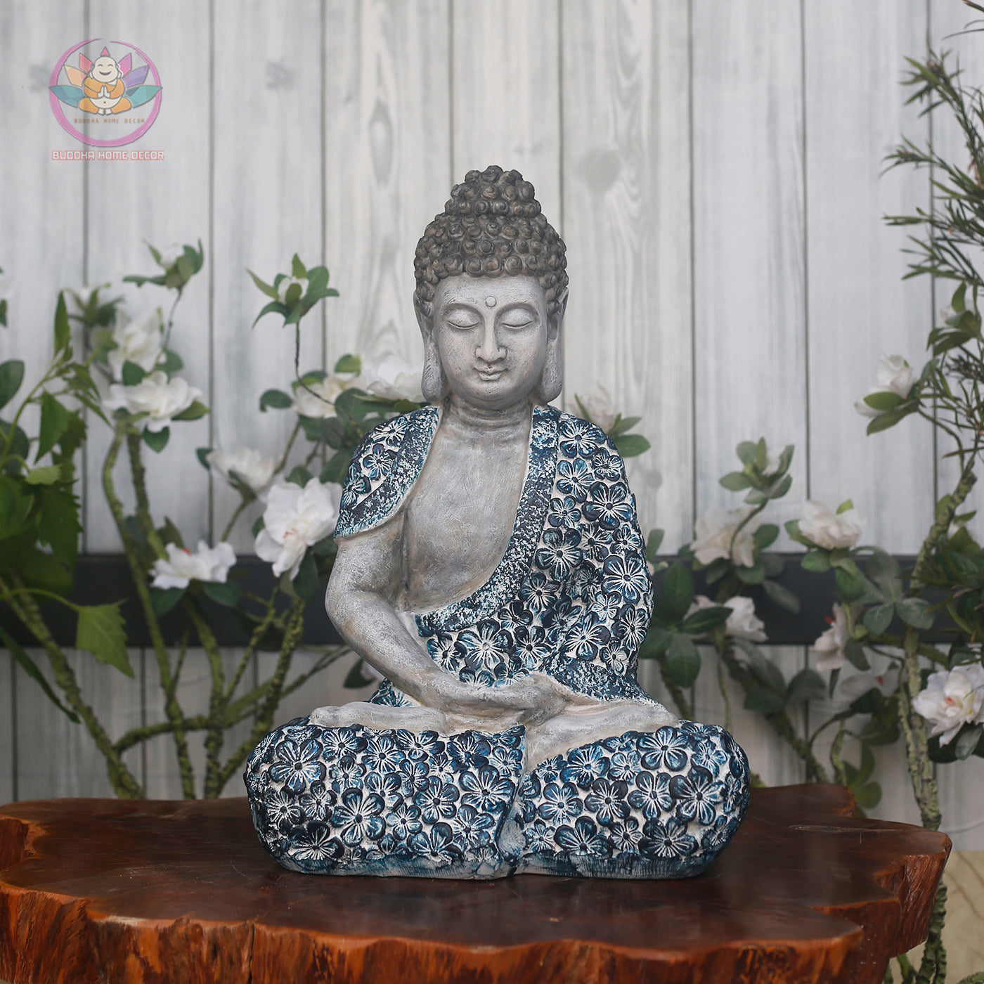 Floral Blue Buddha Statue – 17" & 27.5" | Handcrafted Resin Shakyamuni | Meditation Sculpture with Lotus Motif from Vietnam