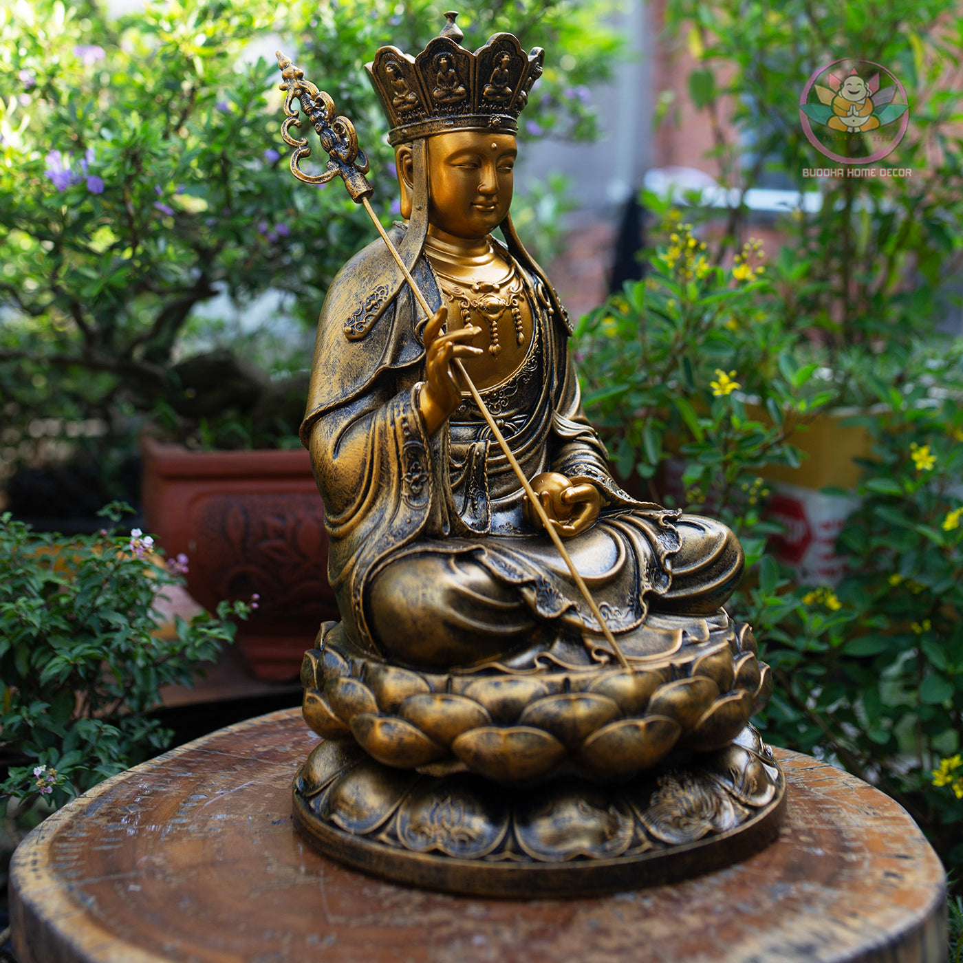 Buddha Statue Set – Shakyamuni 50 cm, Ksitigarbha and Quan Yin 40 cm | Composite Resin and Stone Powder | Golden Finish Buddhist Altar Decor