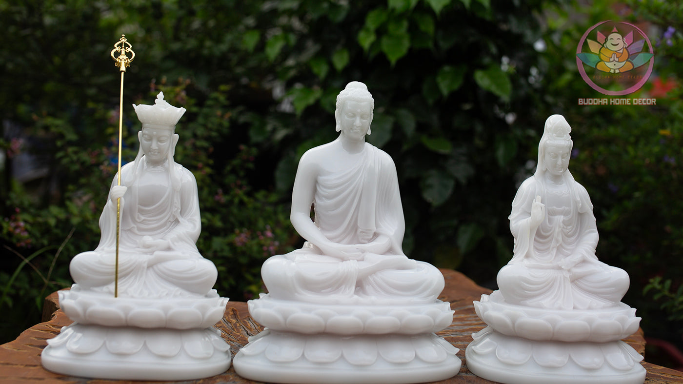 White Resin Buddha Statue Set – 30cm Guanyin & Ksitigarbha, 32cm Shakyamuni Buddha on Lotus Base