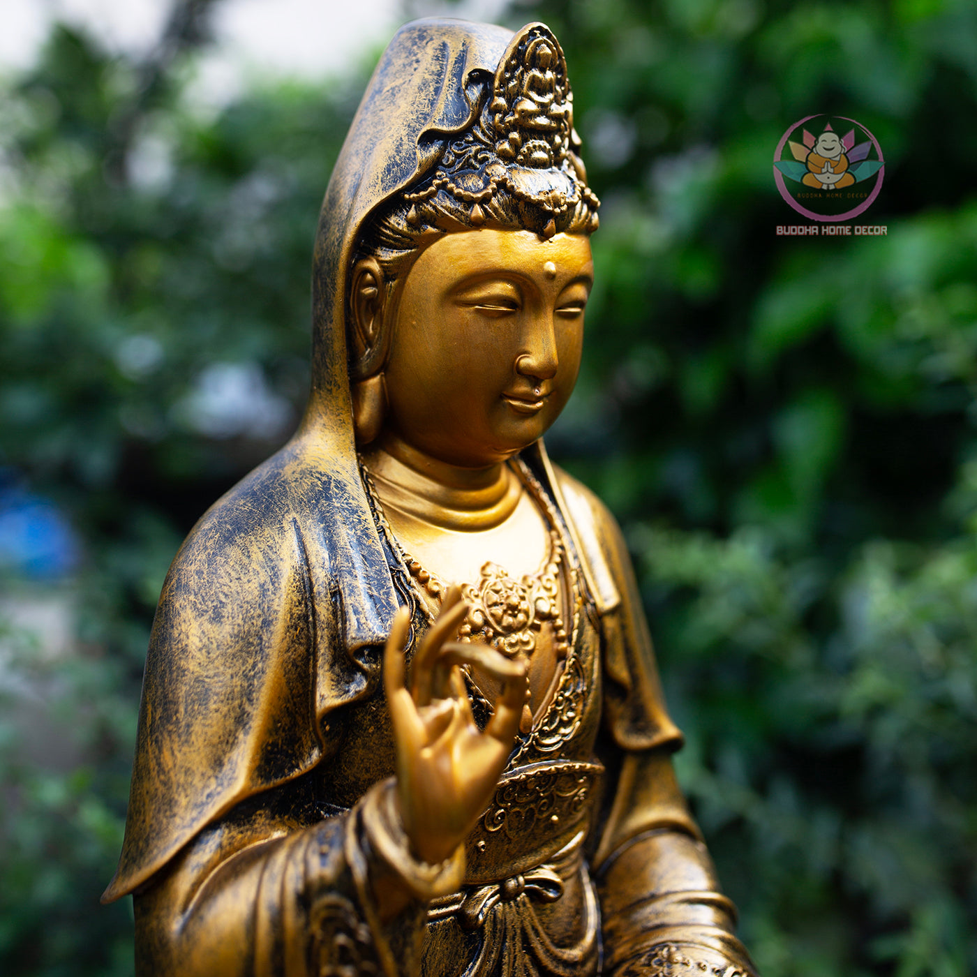 Buddha Statue Set – Shakyamuni 50 cm, Ksitigarbha and Quan Yin 40 cm | Composite Resin and Stone Powder | Golden Finish Buddhist Altar Decor