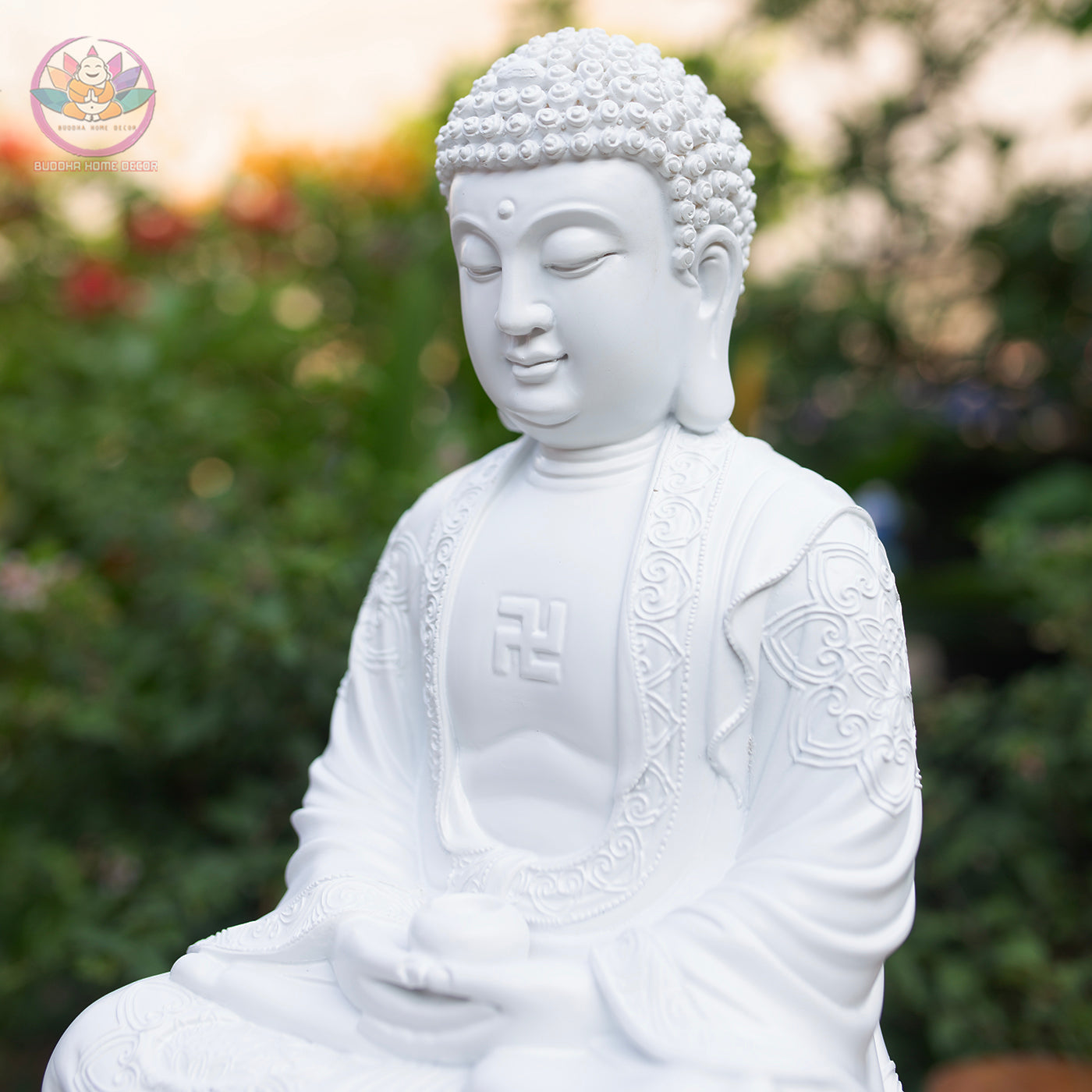 White Buddha Statue – 14.6" Resin Amitabha Buddha Figurine – Zen Home Altar Decor, Meditation Room, Spiritual Gift