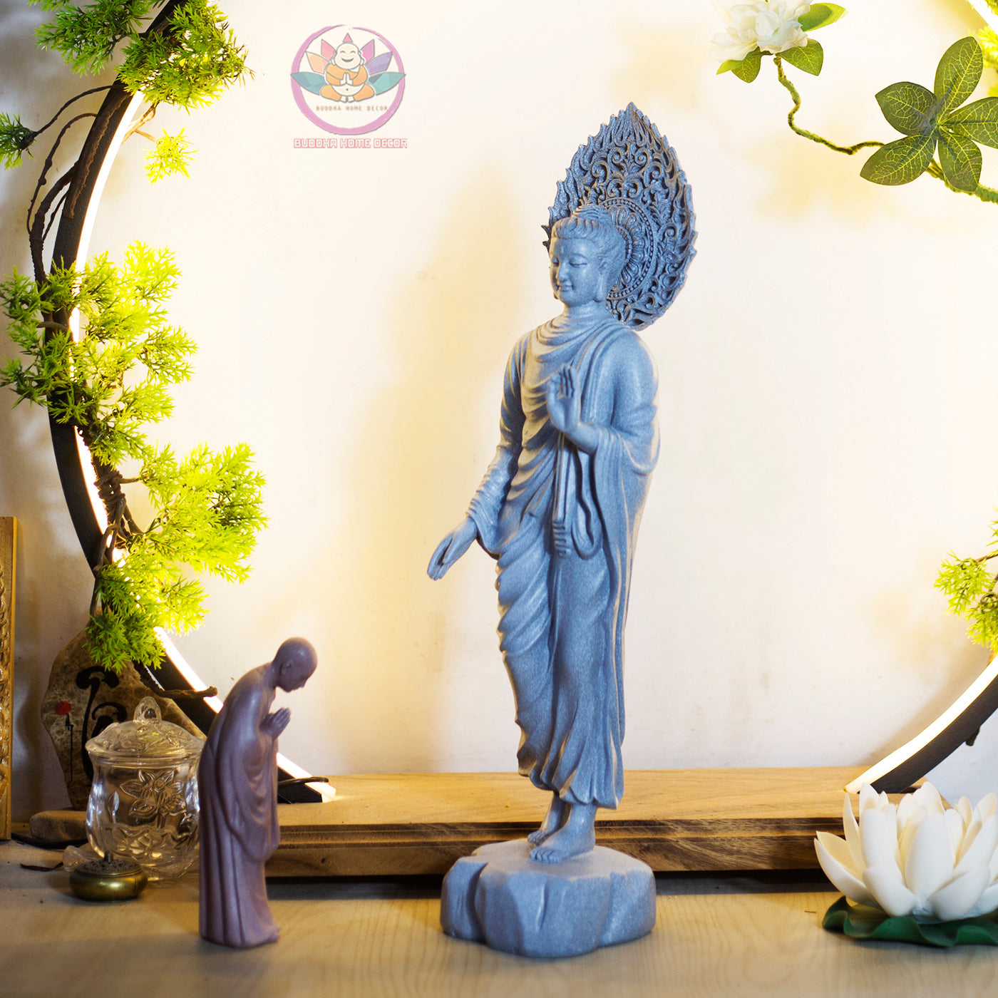 Shakyamuni Buddha Blessing Statue with Halo – 43cm Resin Stone Sculpture | Standing Buddha Figurine