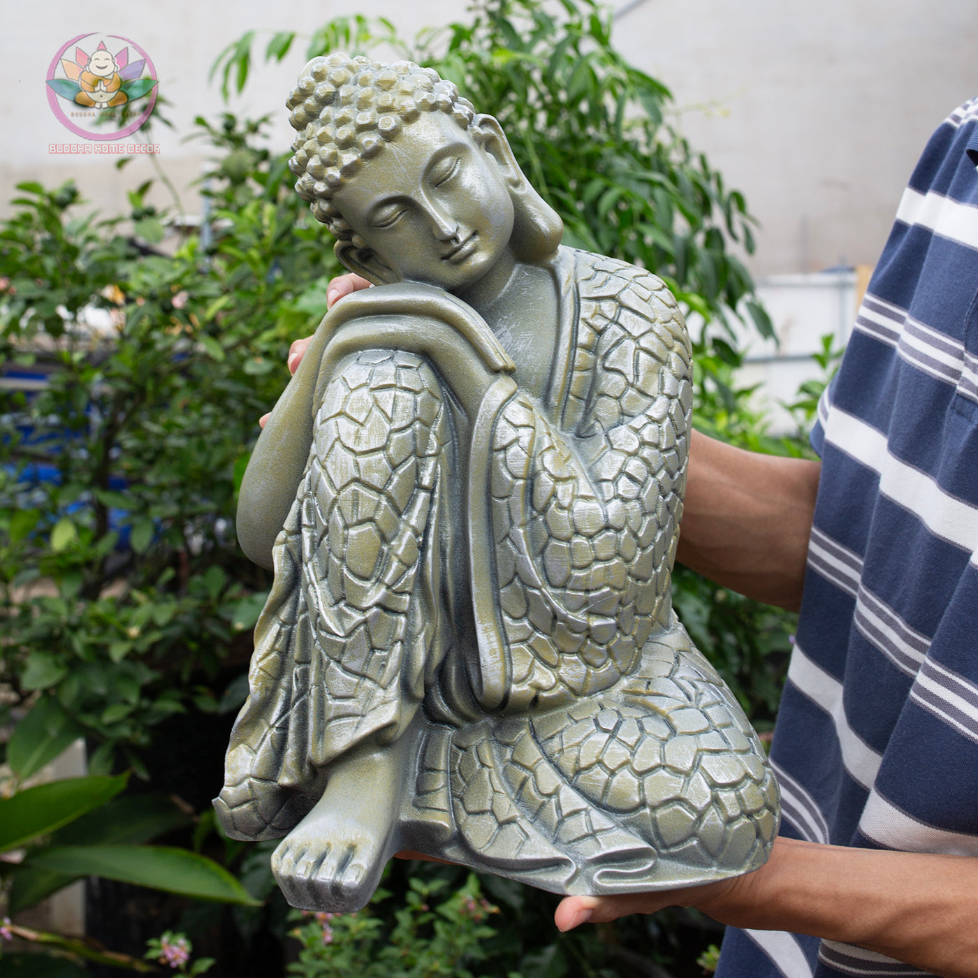 Resting Buddha Statue – Silver Finish Resin Sculpture – Zen Meditation Decor, Mindfulness Gift, Buddhist Home Altar Ornament - 13.4 inches