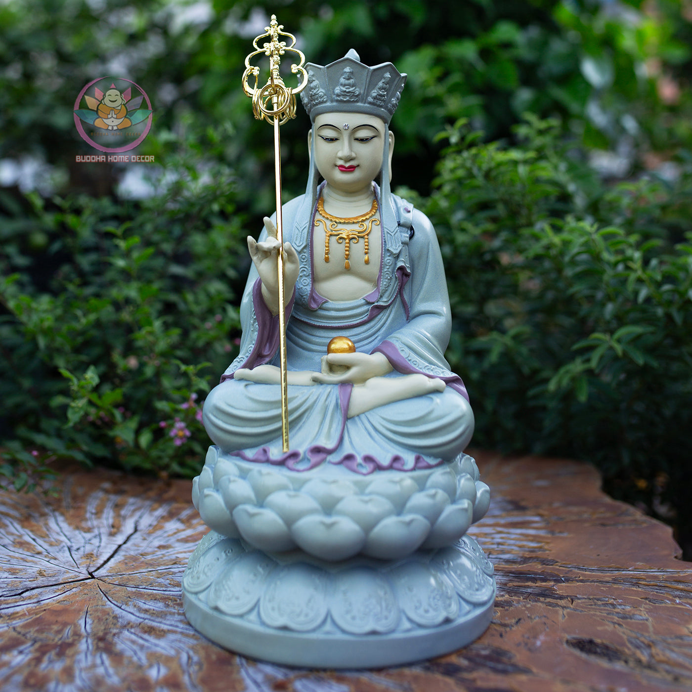 Ksitigarbha Bodhisattva Statue 11.8" | Pastel Grey Finish with Gold Details | Buddhist Altar and Meditation Decor