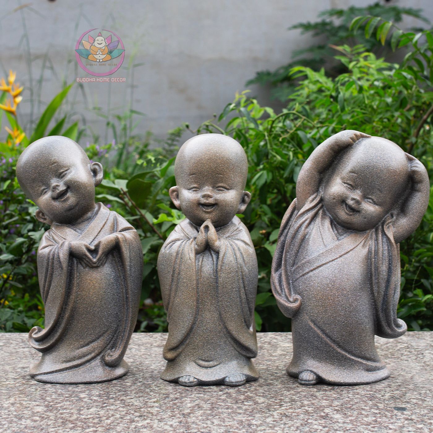 Happy Little Monk Statue Set 15.7" | Composite Resin and Stone Powder | Antique Stone Finish | Zen Monk Figurines for Home and Garden Decor