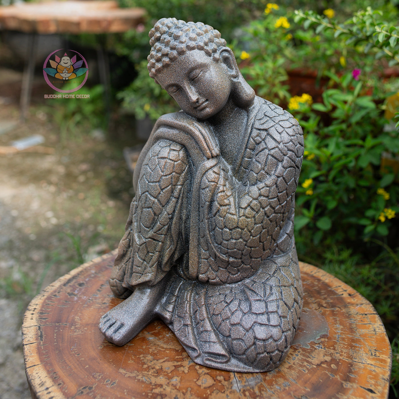 Resting Buddha Statue – Silver Finish Resin Sculpture – Zen Meditation Decor, Mindfulness Gift, Buddhist Home Altar Ornament - 13.4 inches