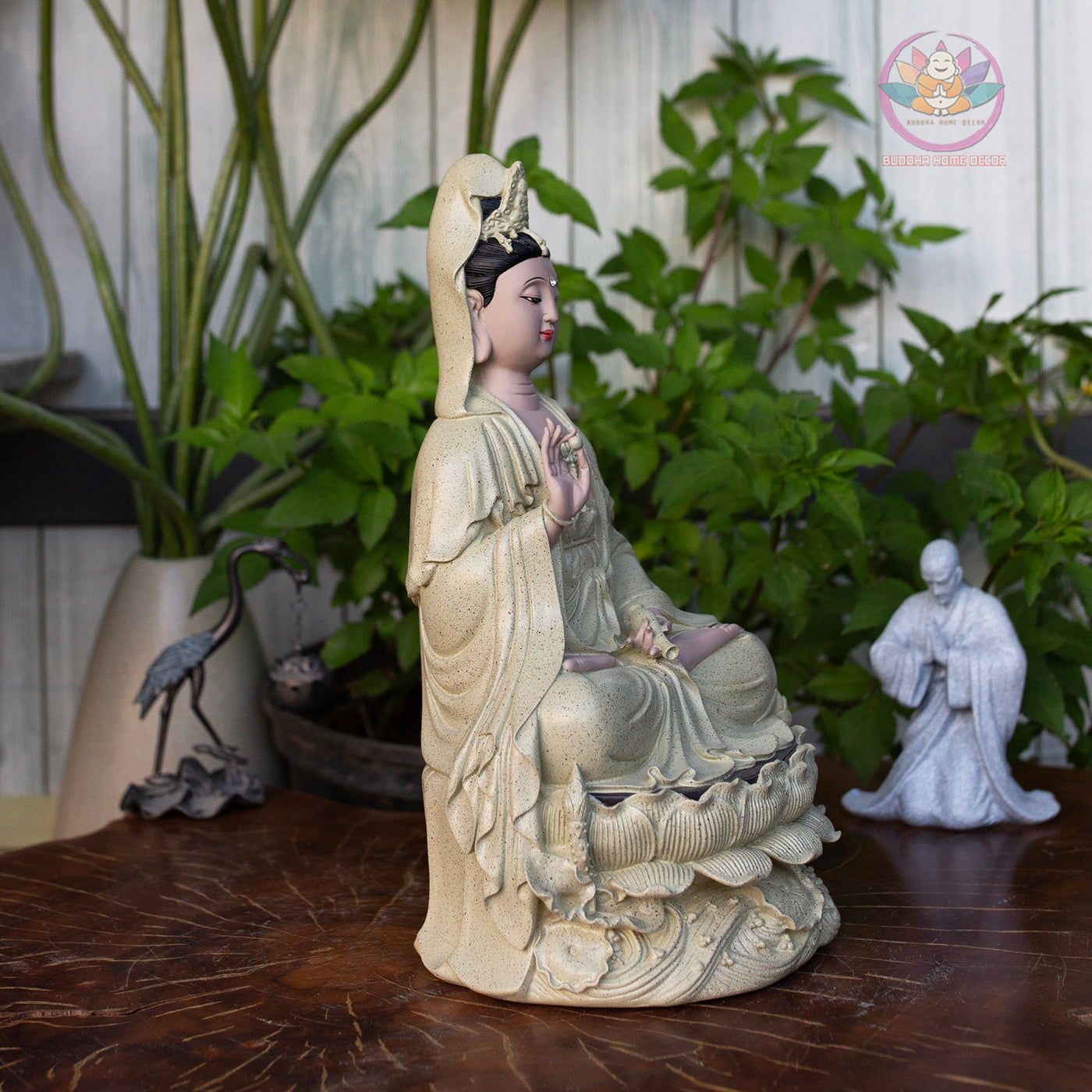 Matte Beige Guanyin Statue 11.8” | Kuan Yin Goddess of Mercy Figurine | Resin Sculpture for Altar, Zen Home, Meditation, Spiritual Gift