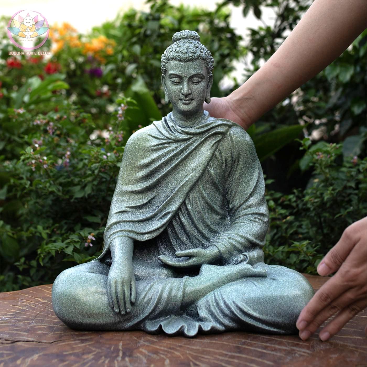 Granite-Look Buddha Statue – 14.6" (37cm) Shakyamuni in Earth-Touching Mudra | Resin Stone Meditation Sculpture | Handmade in Vietnam