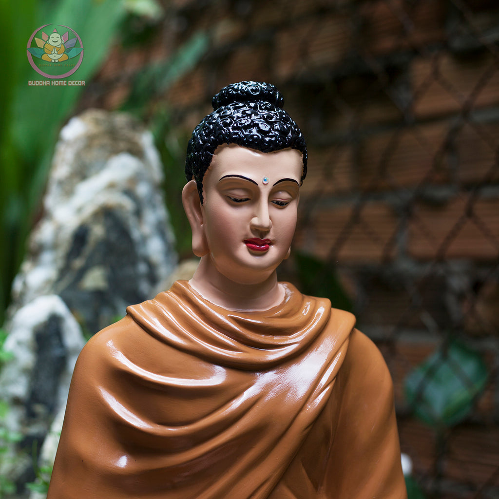 Brown Robe Buddha Statue – 18.1 inches Shakyamuni in Meditation | Glossy Ceramic-Look Finish | Handcrafted Resin | Vietnamese Buddhist Decor