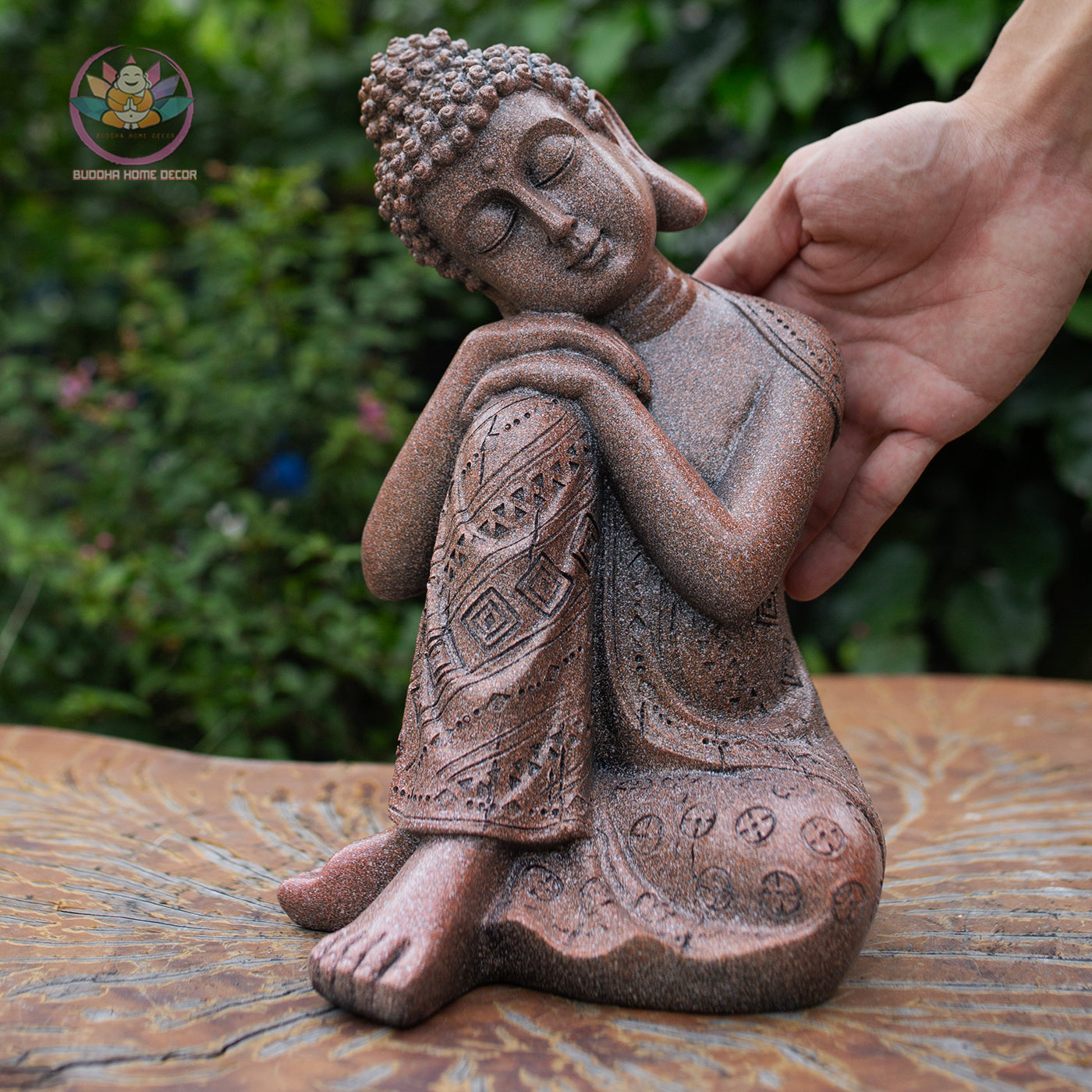 Resting Buddha Statue 9.8" – Red Stone Finish Sleeping Buddha for Home & Garden Decor
