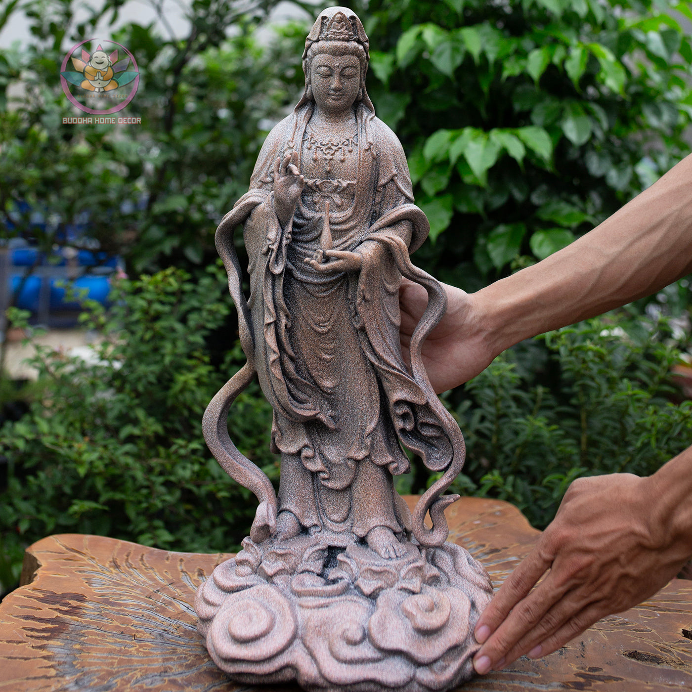 Guanyin Bodhisattva Statue 19.7" – Antique Stone Finish Standing Kwan Yin on Cloud Base