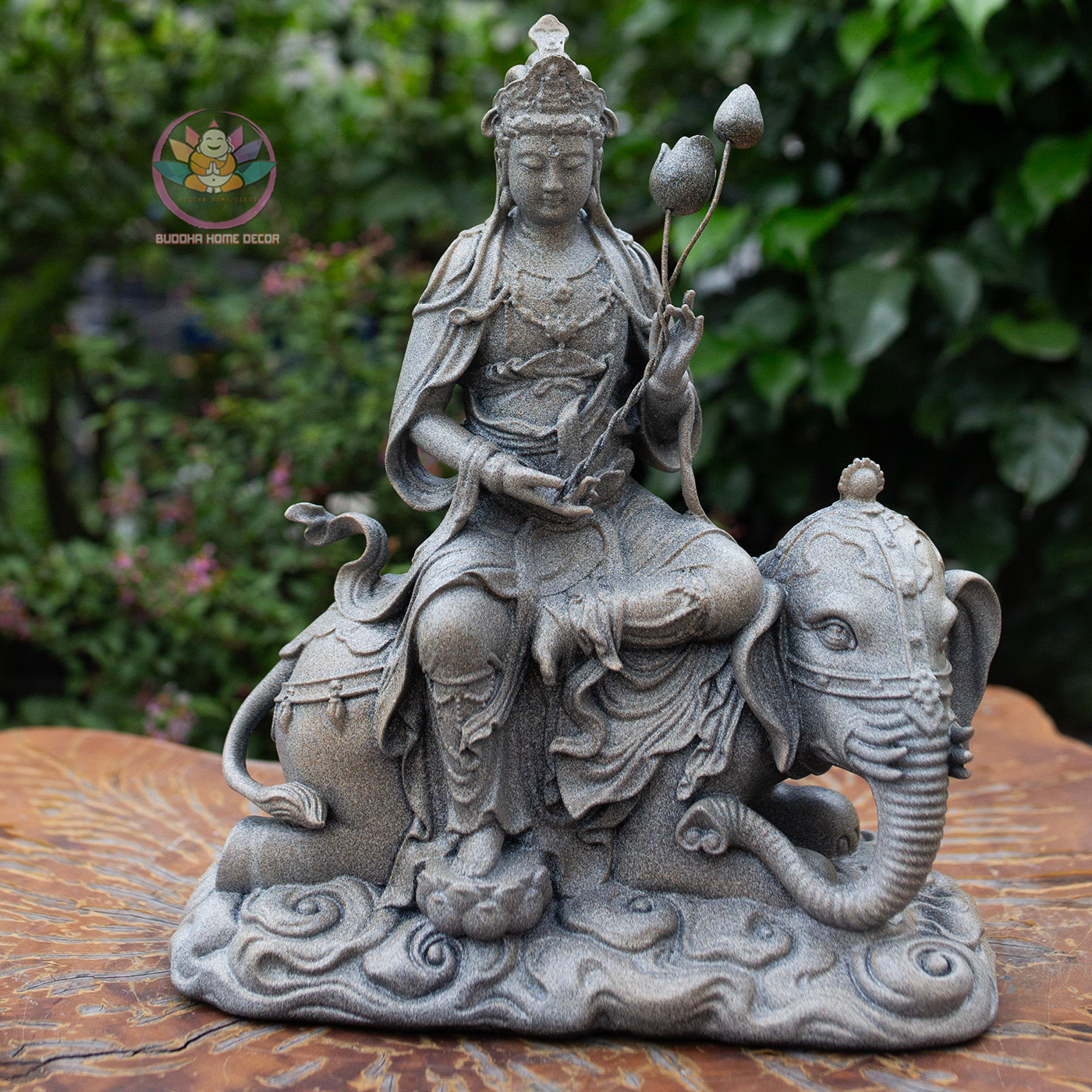 Manjushri and Samantabhadra Bodhisattva Statues 11.8" – Composite Stone Finish Buddhist Deities on Lion and Elephant