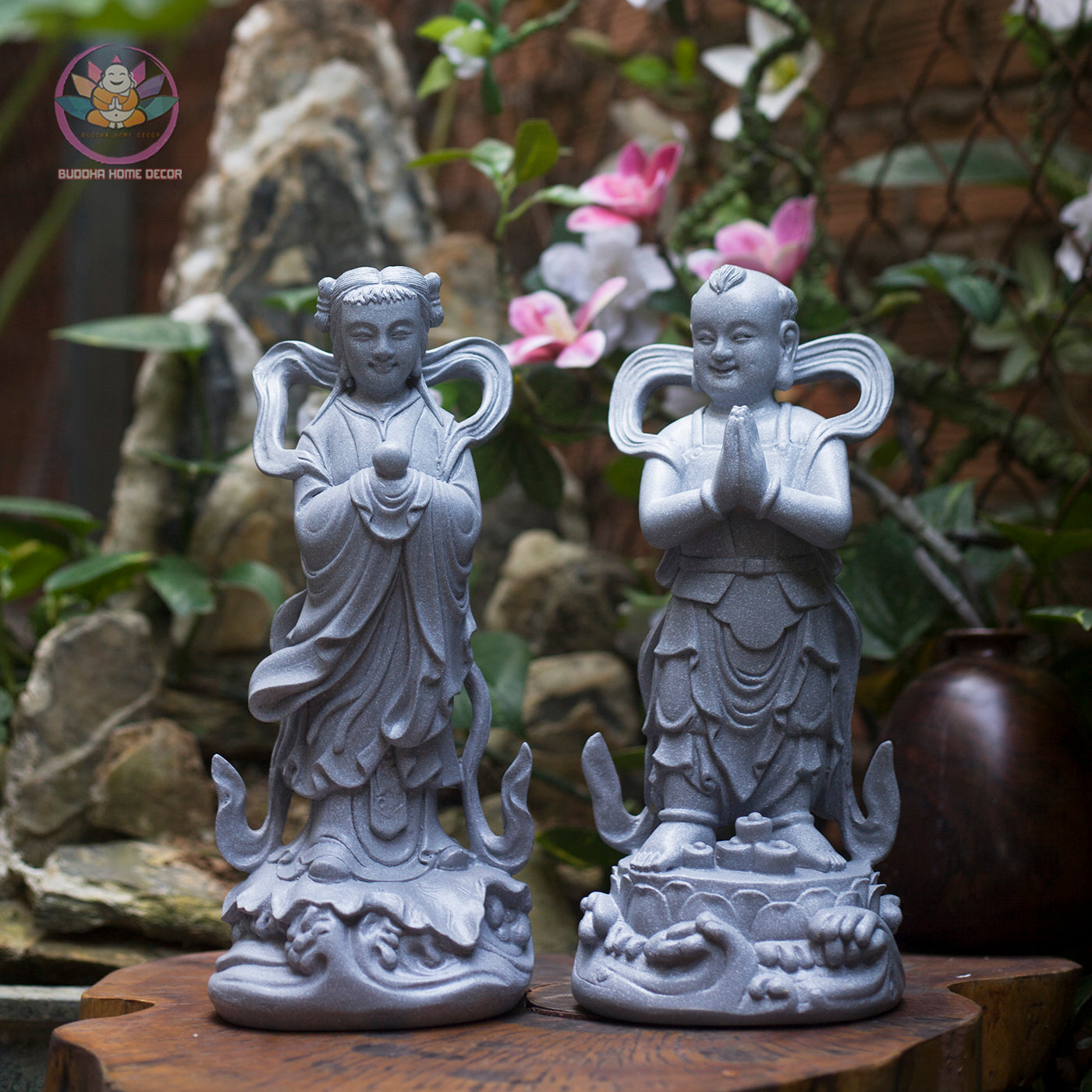 Heavenly Attendant Statue Set 11.8” | Boy & Girl Attendants (Tien Dong Ngoc Nu) | Resin Figurines for Altar, Buddhist Decor
