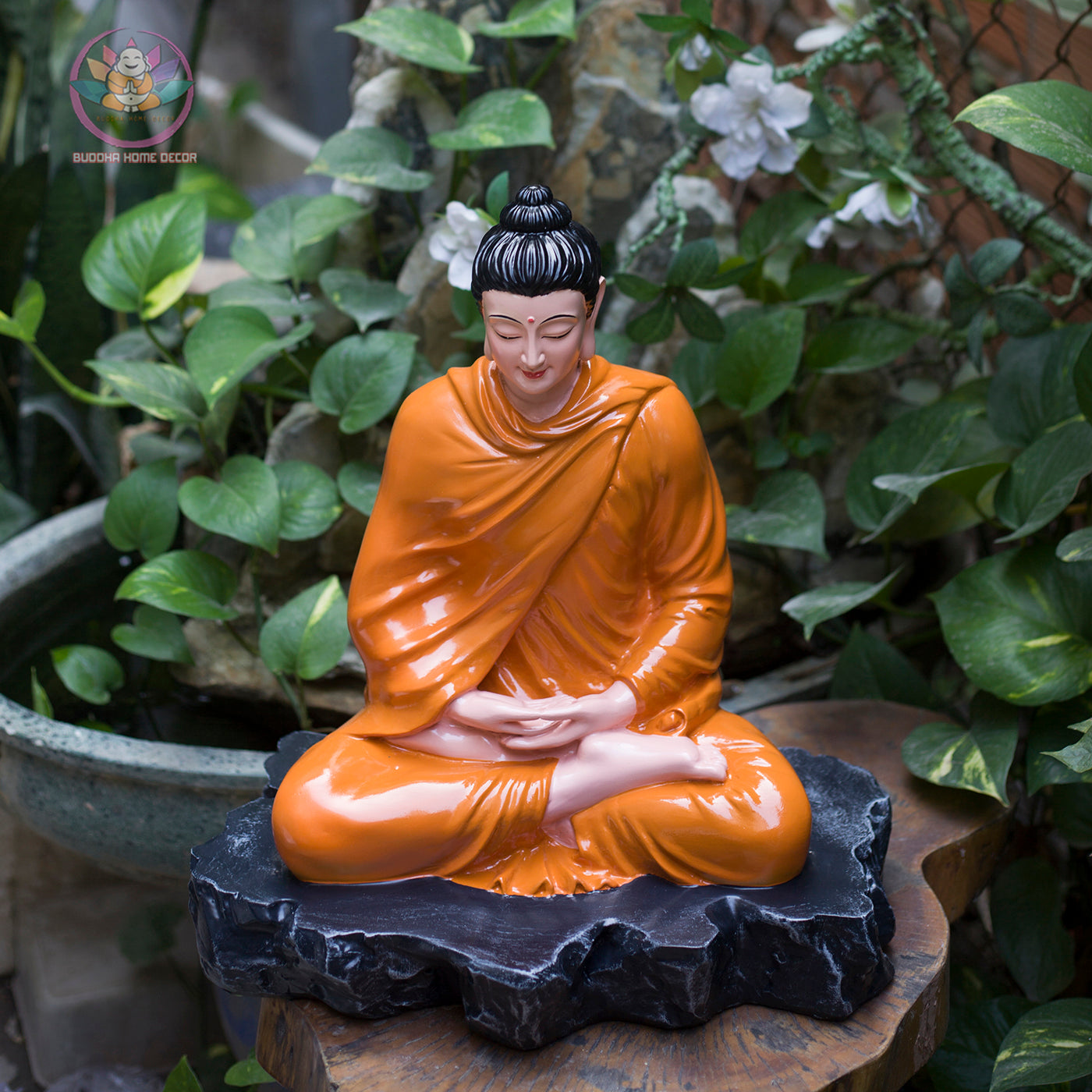 Shakyamuni Buddha Statue – 15.7" (40cm) in Burgundy Robe on Stone Base | Resin Meditation Sculpture | Handcrafted Vietnamese Decor